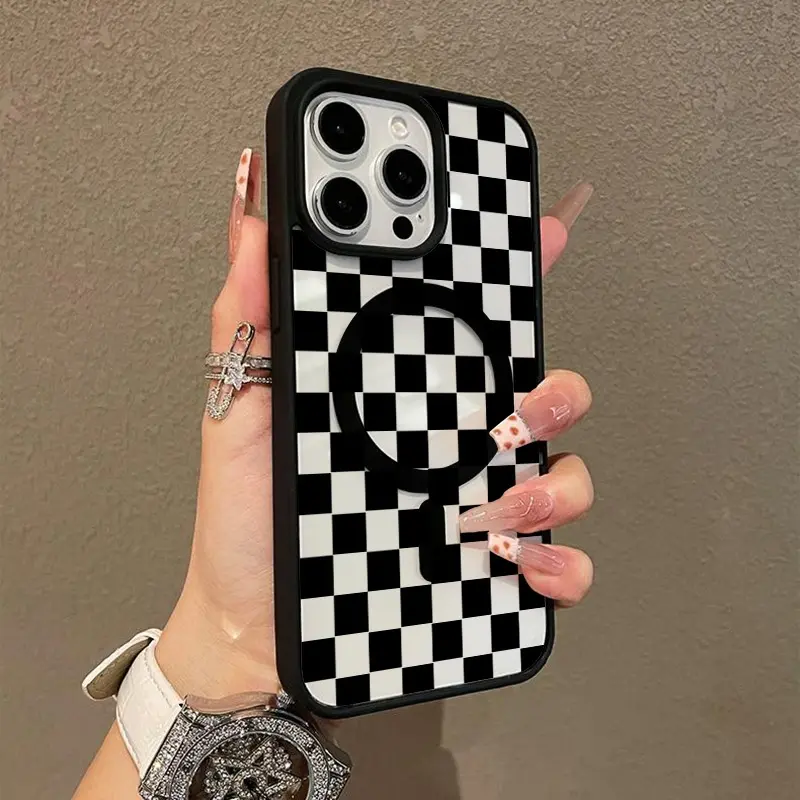 Black Checkerboard Pattern Premium Magnetic Phone Case for iPhone17 Pro Max, Air 16 15 14 Pro Max 13 12 11 Plus Smartphone Shockproof Protection Acrylic Cover Phone Protection Magnetic Case Aesthetic Resistance Case