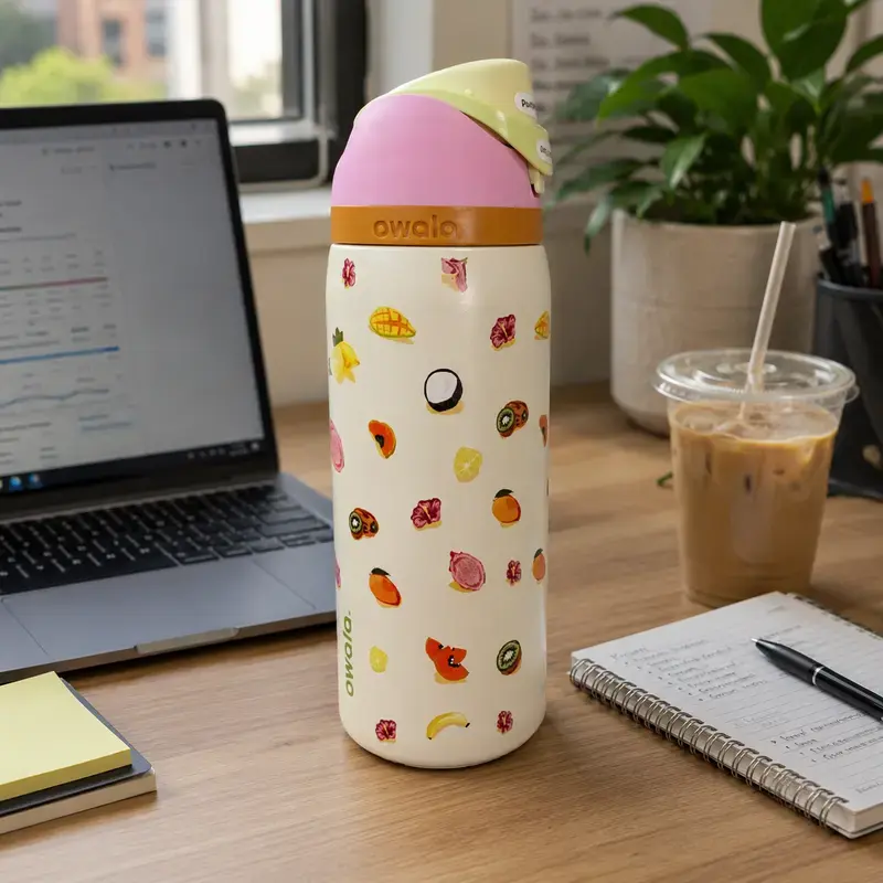 32oz Owala FreeSip Insulated Stainless Steel Straw Cup, Tropical Fruit Print Water Bottle for Women, 32oz Owala FreeSip Insulated Stainless Steel Straw Cup, Leak-Proof Cute Travel Bottle for School, Gym, Work, Summer & Cold Drinks