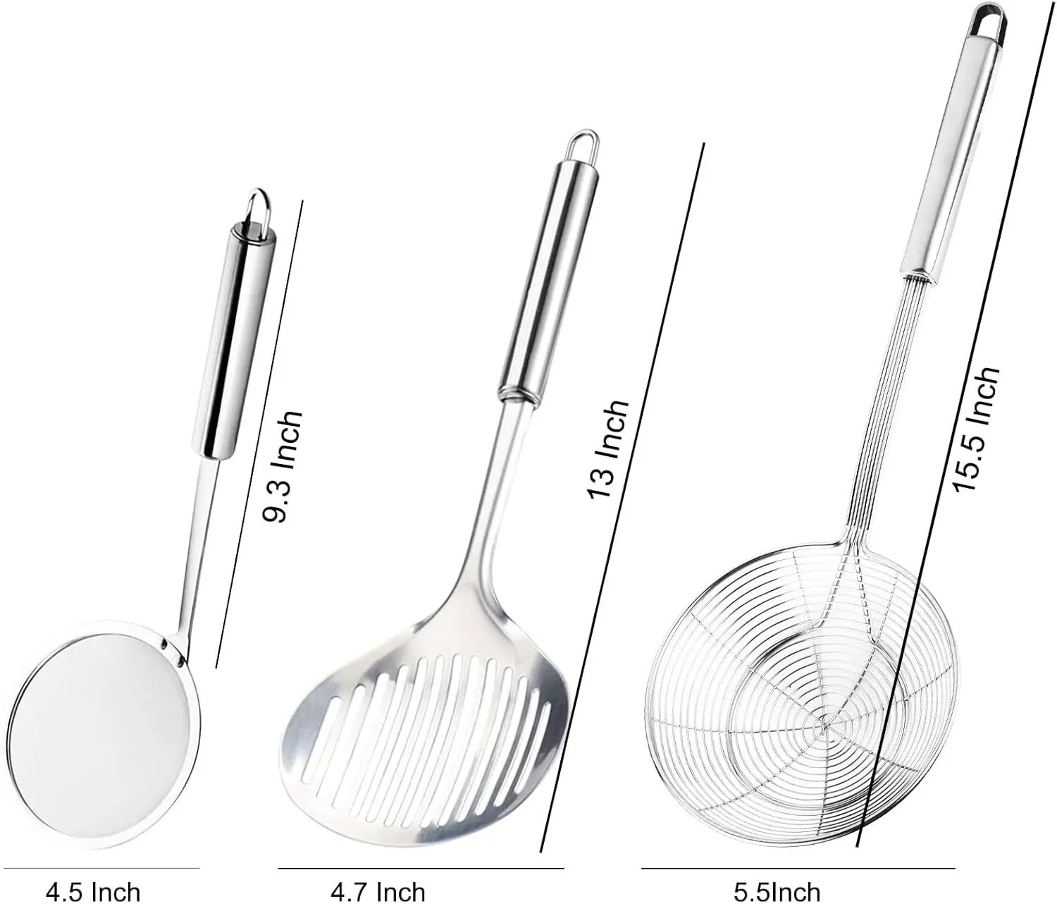 4Pcs Kitchen Solid Stainless Steel Spider Strainer Skimmer Ladle for Cooking and Frying, Kitchen Utensils Wire Strainer Pasta Strainer Spoon Hot Pot Fat Skimmer Spoon Set