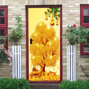 2pcs Chinese New Year Decorative Wall Stickers, Golden Money Tree Design with Fortune Deer and Gourd, Removable PVC Door Stickers for Home Office Shop, Wealth Prosperity Theme Festive Decor, Easy