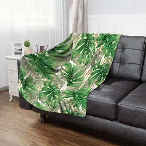 Green Monstera Leaf Flannel Throw Blanket - Cozy & Stylish All-Season Bedding for Couch Sofa Office and Travel - Perfect Winter Snuggling