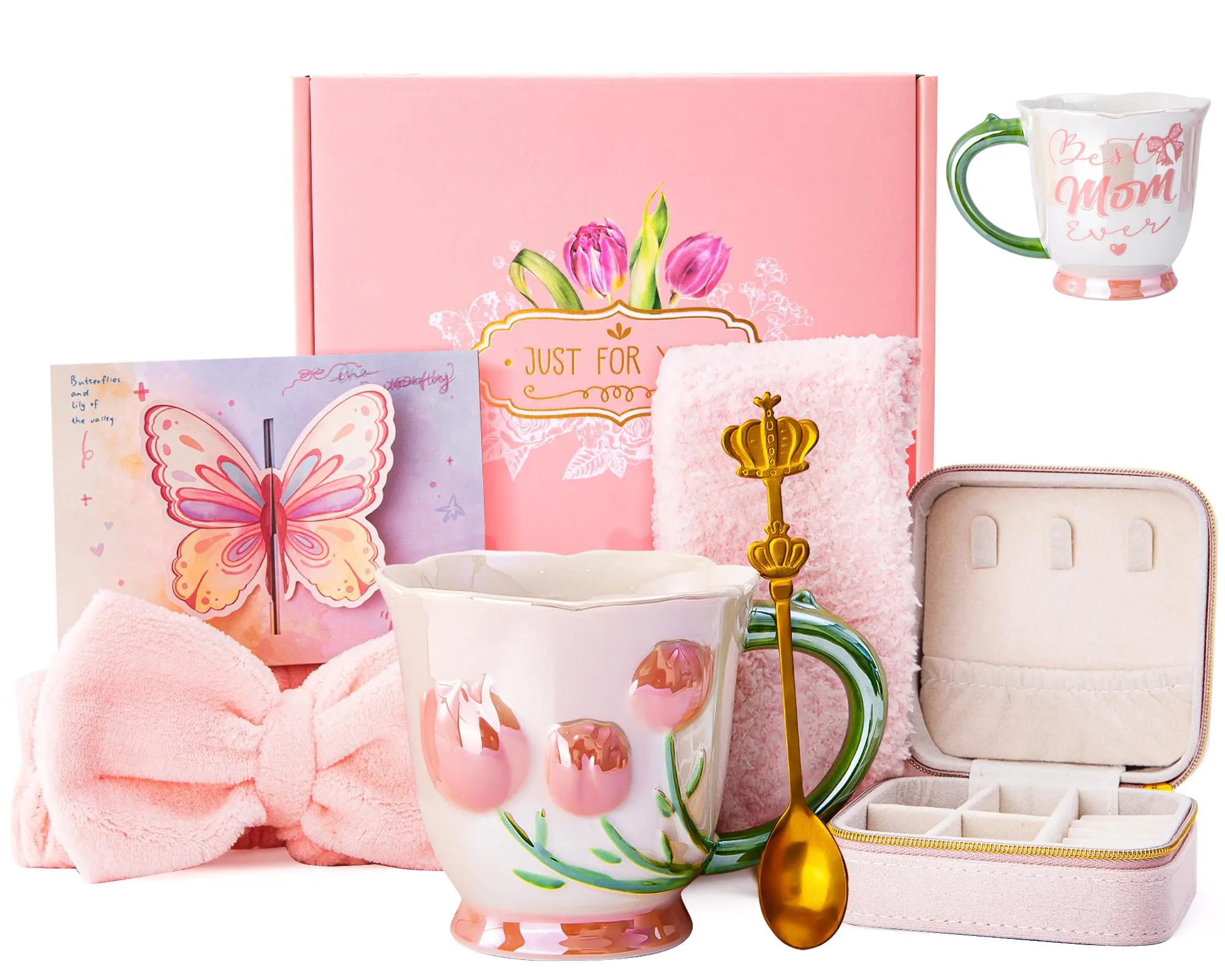 Doublewhale Tulip Mom Gifts Set Mother's Day 7Pcs Birthday Gifts for Mom, 18Oz  Ceramic Pearlescent Glaze Mommy Tulip Mug Set with Headband Spoon Socks  Card Gift Box Jewelry Case for Valentine -