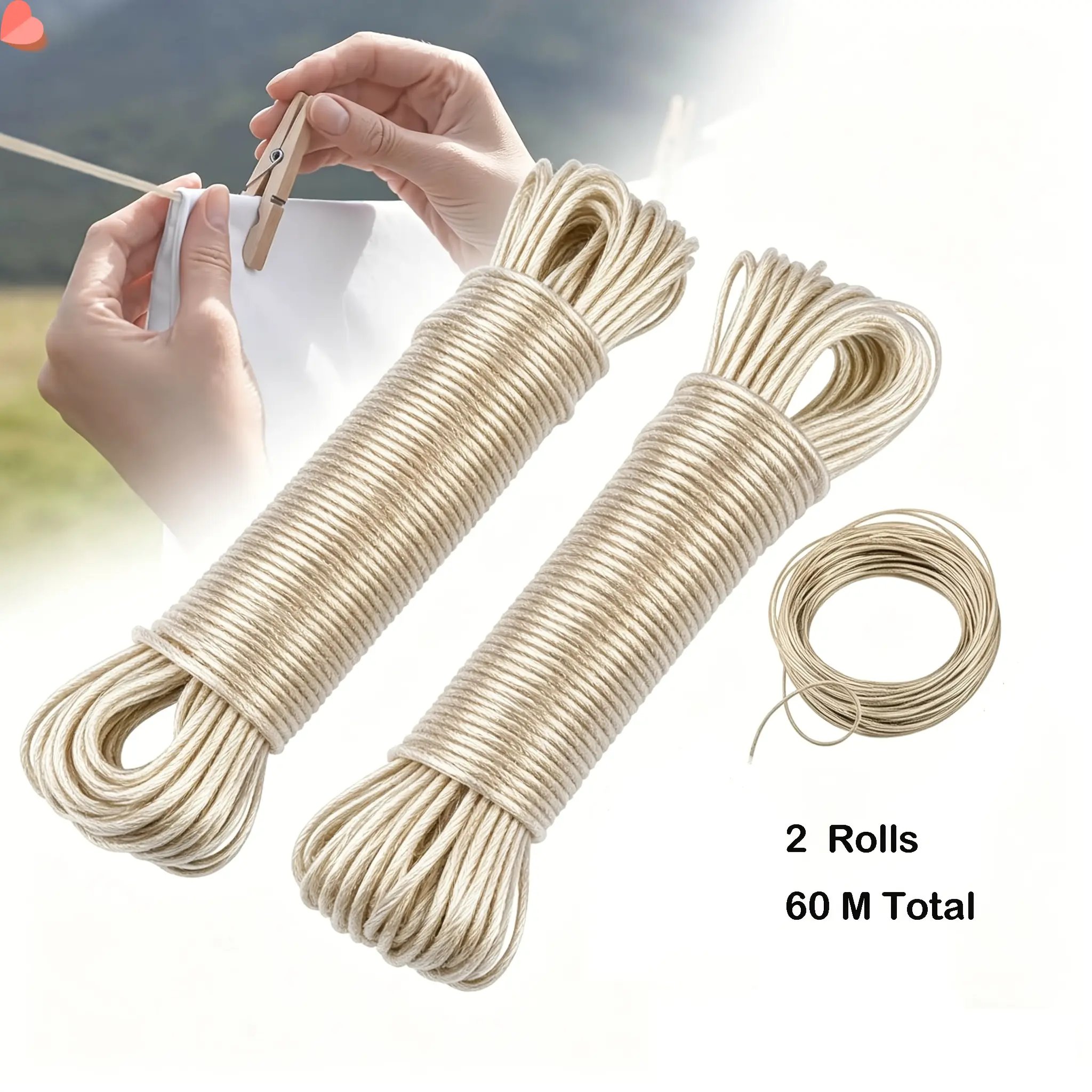 2-Pack Clothesline, Steel Wire Rope with PVC Coating, 2mm Diameter, 1181.1inch Per Roll, Total 2362.2inch Length, Suitable for Outdoor Clothes Drying, Picnics, Camping, Parks, and Outdoor Activities, Beige, Clotheslines