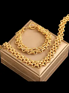 2Pcs Stainless Steel Cuban Chain Statement Necklace Bracelet Set For Women New Punk Style 18K Gold Plated Waterproof Jewelry