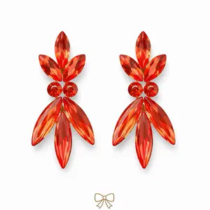 Elegant Red Marquise Flower Stud Earrings with Gold Bow Accent
