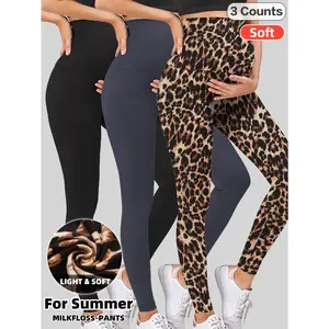 [3-Pack Maternity Leggings] 3-Pack Soft Stretchy High Waist Maternity Leggings |   Pregnancy Yoga Pants with Leopard Print, Black & Gray Designs, thMilkfloss Fabric for All Seasons, Machine Washable, Yoga & Casual Wear, Stylish & Breaable