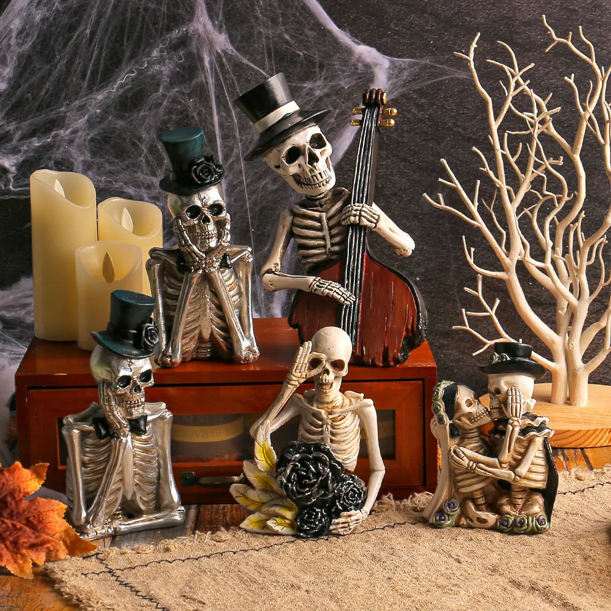 FuRise Halloween Skeleton Figurine Collection – Resin Cartoon Characters for Haunted House & Spooky Decor, halloween skeleton figurines