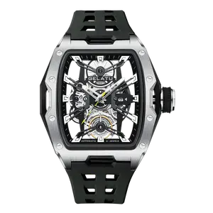 Waterproof Men Automatic Watch, Unique Tonneau Barrel Brushed Silver Steel Case,  Hexagonal Rivet Screw Reinforced Bezel, Comfort Hollow Cutout Breathable Black Rubber Silicone Strap