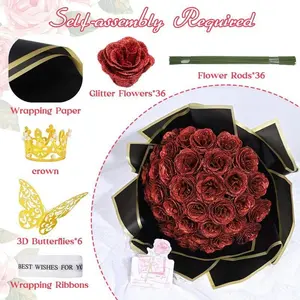 Valentine's Day Glitter Roses Bouquet Set, 12/24 Pcs with 3D Butterflies Crowns & Ribbons, Perfect Gift for Women, Birthdays, Weddings, Graduations, Glitter Flowers, Artificial Roses