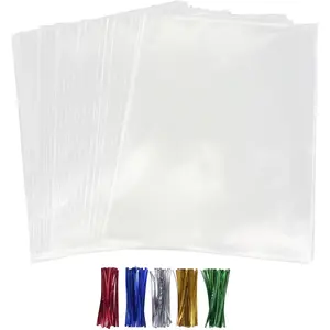50Pcs Cellophane Bags, Cello Cellophane Treat Bags 8x10 Plastic Gift Bags for Packaging Cookies, Pretzel Rod, Sandwich, Candy, Chocolate, Clear Party Favor Bags with Ties