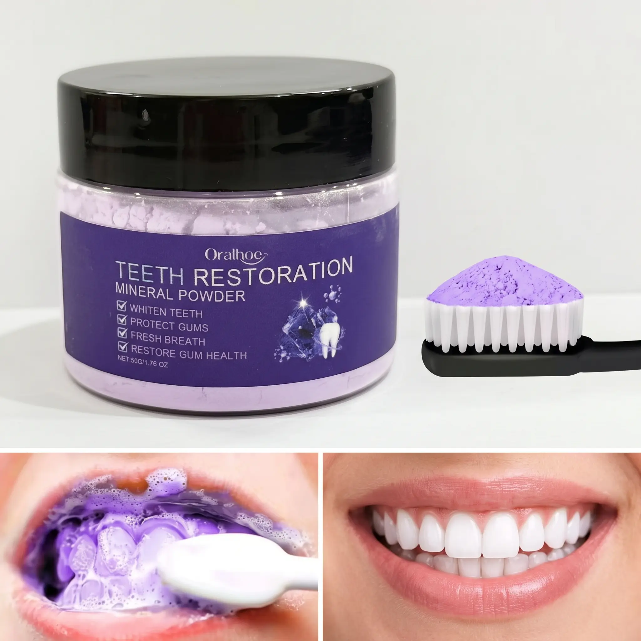 50g Purple Mineral Teeth Brightening Powder, Teeth Whitening Products for Surface Stain Care, Fresh Breath & Gentle Daily Oral Care