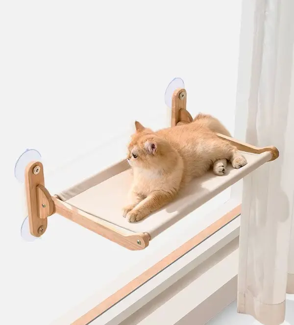 Wooden Cat Desk Hammock & Wall-Mounted Cat Shelves, Wood Space-Saving Pet Furniture with Suction Cup Support, Safe Corners, Rounded Smooth Edges, Compact Corner Rest Spot for Calming Home Use by Kittens