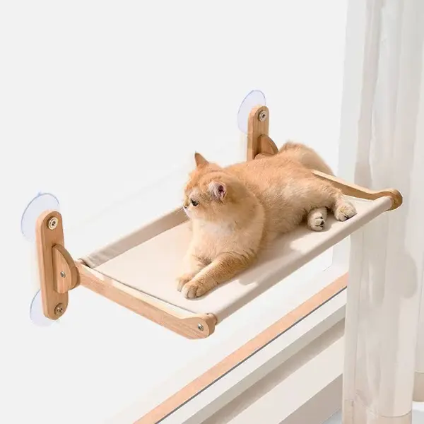 Wooden Cat Desk Hammock & Single Wall-Mounted Cat Shelf, Space-Saving Design Compact Corner Wood Pet Furniture, Suction Cup Support, Rounded and Smooth Corners, All-Seasons Home Use Resting Spot for Kittens