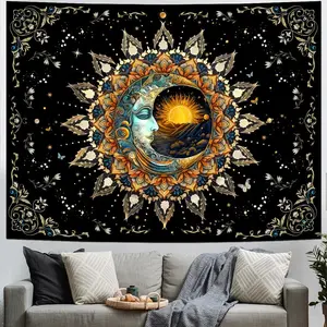 Moon and Sun Tapestry Spiritual Mandala Tapestry Black Flower Plant Tapestry Hippie Boho Tapestry Vintage Aesthetic Tapestry Wall Hanging Decor for Home