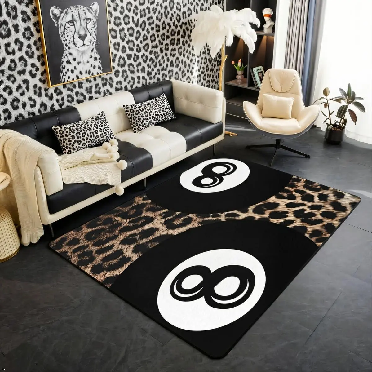 Y2K Lucky 8 Ball Area Rug Low Pile Print,Trendy Cheetah Print Living Room Rugs,Fashion Leopard Preppy Decorative Carpet Vintage Black Brown Indoor Floor Mat