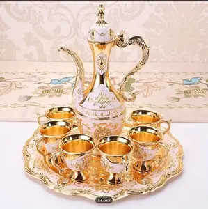 Set, Vintage Metal Turkish Coffee Pot Set, European Style Tea Set, 6 Luxury Coffee Cups, Craft Tea Tray And Teapot, For Serving Tea, Zamzam, Coffee, Cappuccino