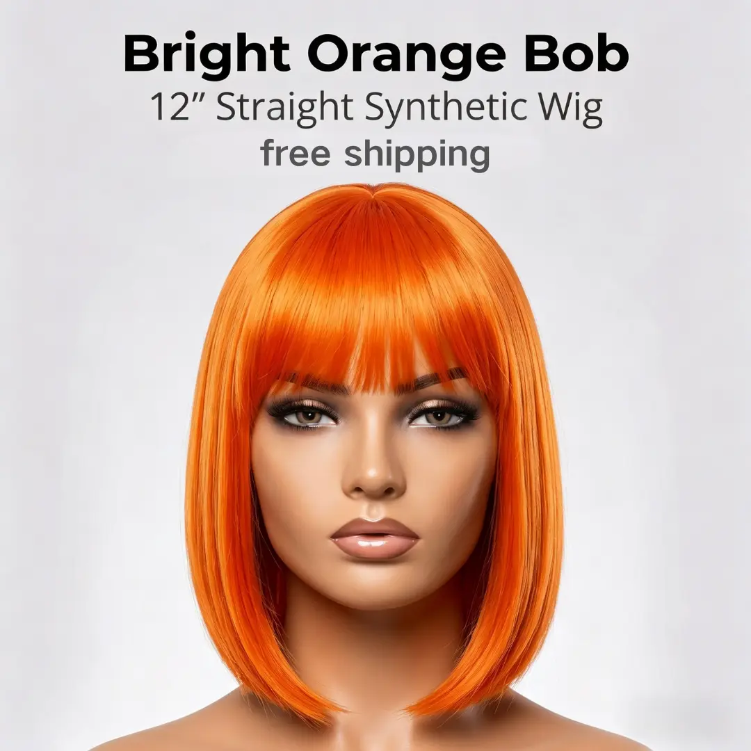 12inch Elegant Orange Straight Synthetic Bob Wig - Glueless, Natural-Looking, for Cosplay, Halloween, Party