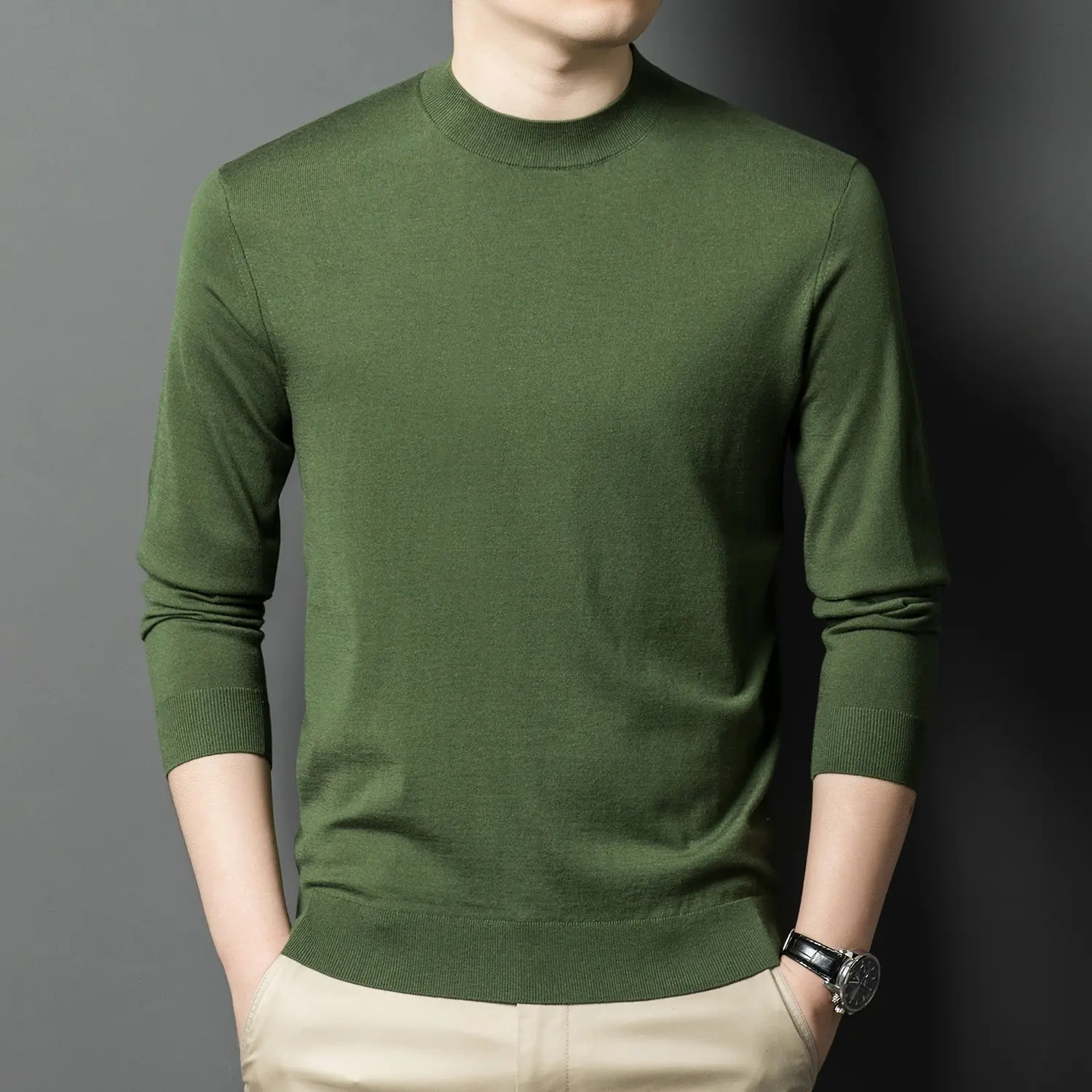 Men's Cashmere Knitted Longsleeve Crew Neck Casual Warm Undershirt - Yes, for Middle-Aged Adults, Spring & Autumn New Korean Plain Menswear Top