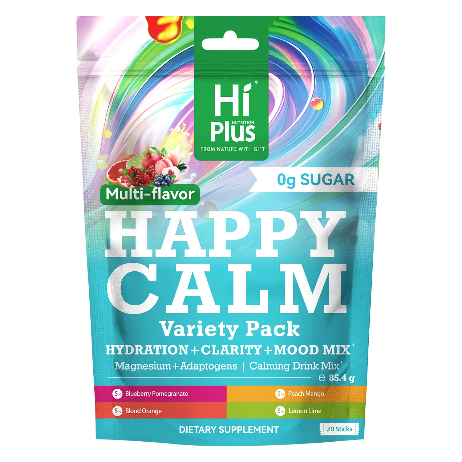 HiPlus HAPPY CALM Raspberry Lemonade Hydration Drink Powder - 20 On-the-Go Organic Packets, L-Theanine, KSM-66, Aloe Vera, Magnesium Glycinate, Vitamin D3, Blood Orange Option, Sugar-Free, Vegan, Non-GMO - Supports Cortisol Balance, Mood, Sleep