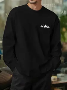 Men's Fashion Printed Long Sleeve T-Shirt American Street Style Sports T-Shirt Trendy Personalized Mountain Snow Mountain Print Boyfriend Best Gift Elegant Long T-Shirt Men Casual Black Street Surfing Round Neck Motorcycle Operator O