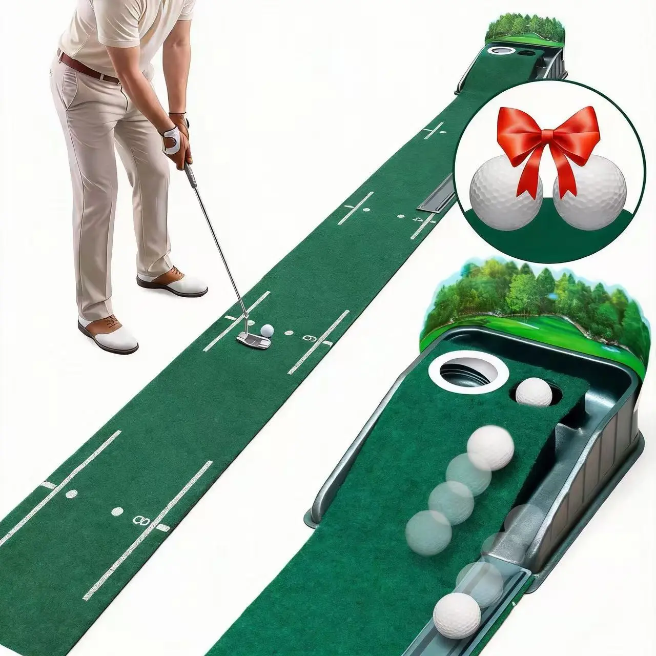 Putting Green Indoor - 8ft Golf Putting Mat with Realistic Green Speed, Dual-Hole Precision Practice & Auto Ball Return. Get two free golf balls (worth $9.90) for Indoor & Outdoor Training. Ideal as a Golf Gift!