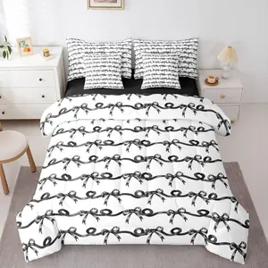 Feelyou 7-Pc Microfiber Bedding Set - Black Bowknot Design Blanket, Black and White Bow Striped Comforter, Fitted & Flat Sheets, Cute Kawaii Preppy Style for Kids