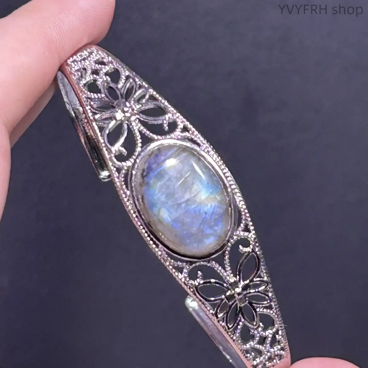 Vintage Carved Natural Labradorite & Grey Moonstone Bangle For Women, Retro Antique Style Iridescent Crystal Carved Bracelet, Niche Healing Energy Desktop Wrist Jewelry Gift