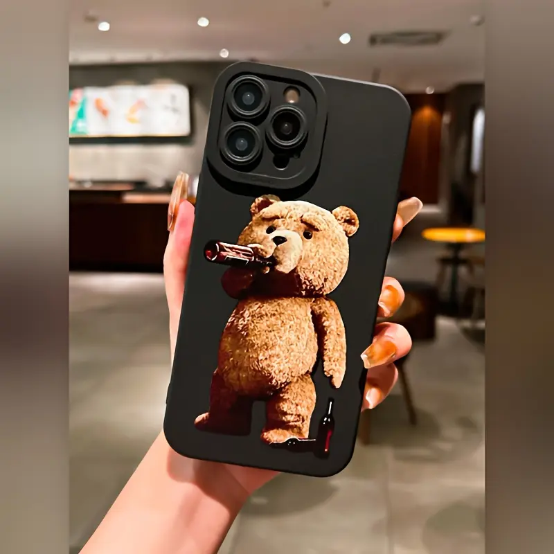 Cute Bear Drinking Soda Black Matte Protective Shockproof Anti-Drop TPU Lens Protection Cellphone Case, Smartphone Accessory for Phone 17,16,15,14,13,12,11 Pro Max