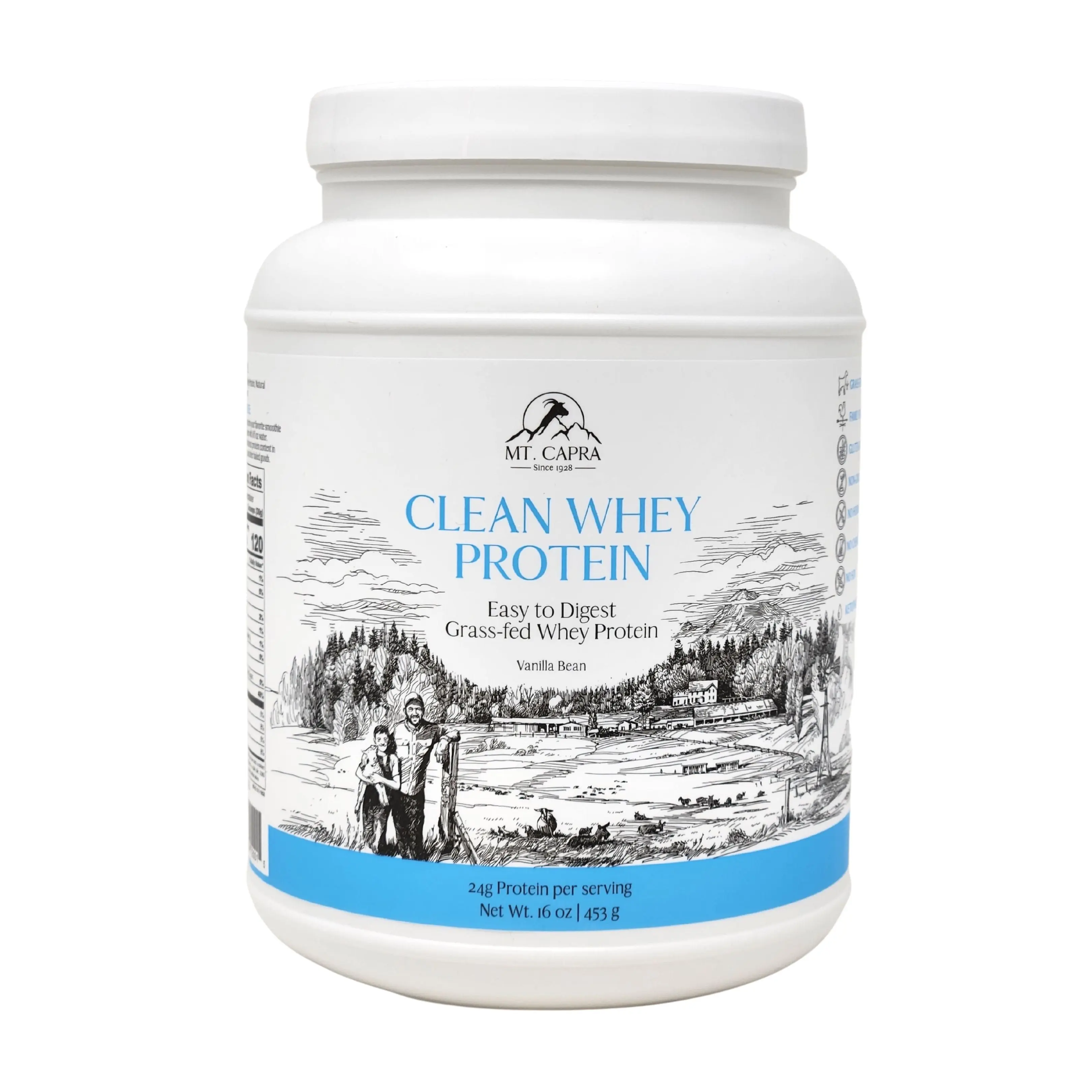 Mt. Capra Clean Whey Protein | Grass-Fed Undenatured Goat Whey Protein Powder | 24 g Protein Per Serving, All Natural, Non-GMO, High in Branch Chain Amino Acids | Vanilla Bean | 15 Servings - 16 oz