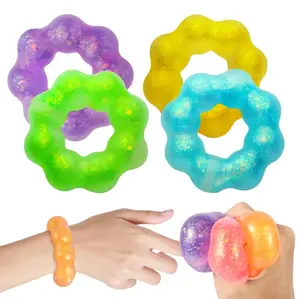 Random Color Squishy Toys, 2 Pieces Wearable Bracelet Stress Balls Fidget Toys, Soft Donut Stress Relief Sensory Toy, Stress Relieving Accessory for Kids & Adults, Fidget Friendly Band, Stress Relief Aid