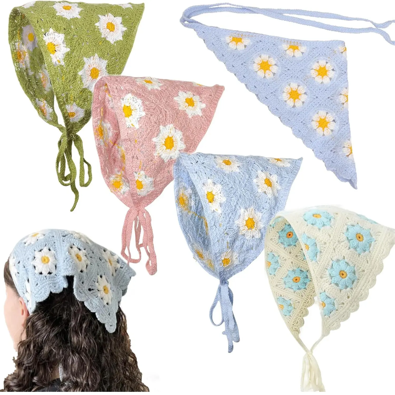 Women's Knitted Fabric Crochet Bandana Headband - Breathable Soft, Daisy Print, Floral Motif Tie-Back Hair Wrap for Casual Wear, For Women, One Size