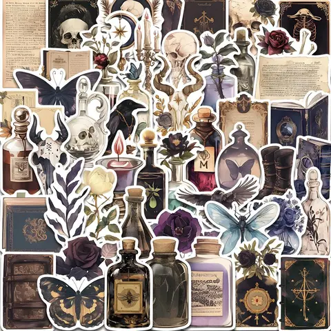 Skull & Bottle Pattern Sticker, 50pcs/set Cartoon Decorative Sticker, Creative Decals for Water Bottle, Laptop, Phone Case, Journal Making, Illustration Stickers