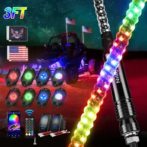 Nilight 2PCS 3FT RGB Colorful LED Whips & 8PCS Waterproof Outdoor LED Rock Lights Combo, Remote & App Control, DIY Chasing Designs, Stop-Turn-Reverse Safety Antenna Lights for ATV/UTV, Adjustable LEDs