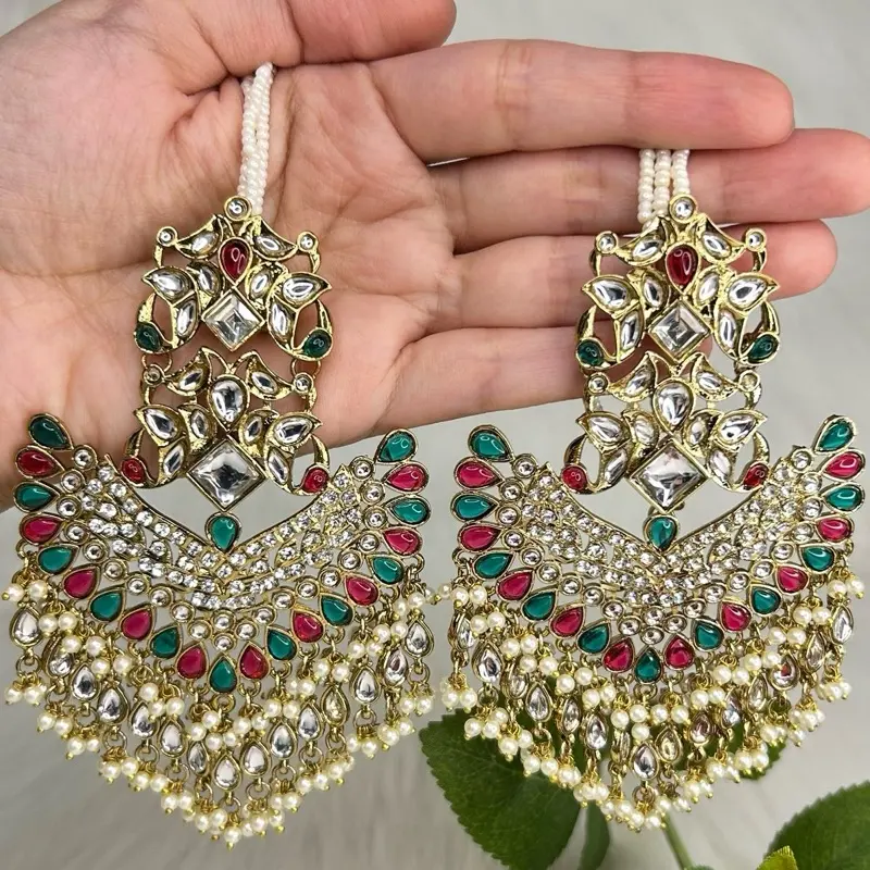 Desi Gorgeous Tayani Kundan Earrings with Ear Chain Rhinestones Elegant Design Perfect for Any Occasion High Quality Exquisite Craftsmanship