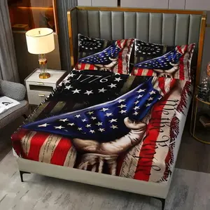 3Pcs American Retro Flag Fitted Sheet Set, Featuring High-Definition Digital Printing for Vibrant Colors, All-Around Coverage for Easy Care, and Comfortable, Breathable Bedding Set Suitable for All Seasons.