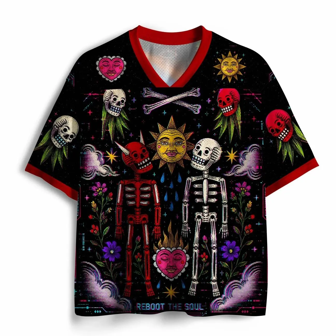 Reboot the Soul Mesh Jersey, Futuristic Spiritual Graphic Sports Shirt, Cyberpunk Y2K Streetwear Mesh Top, Digital Soul Inspired Statement Design, Breathable Oversized Unisex Jersey, Trendy Casual Summer Shirt for Men & Women NJY