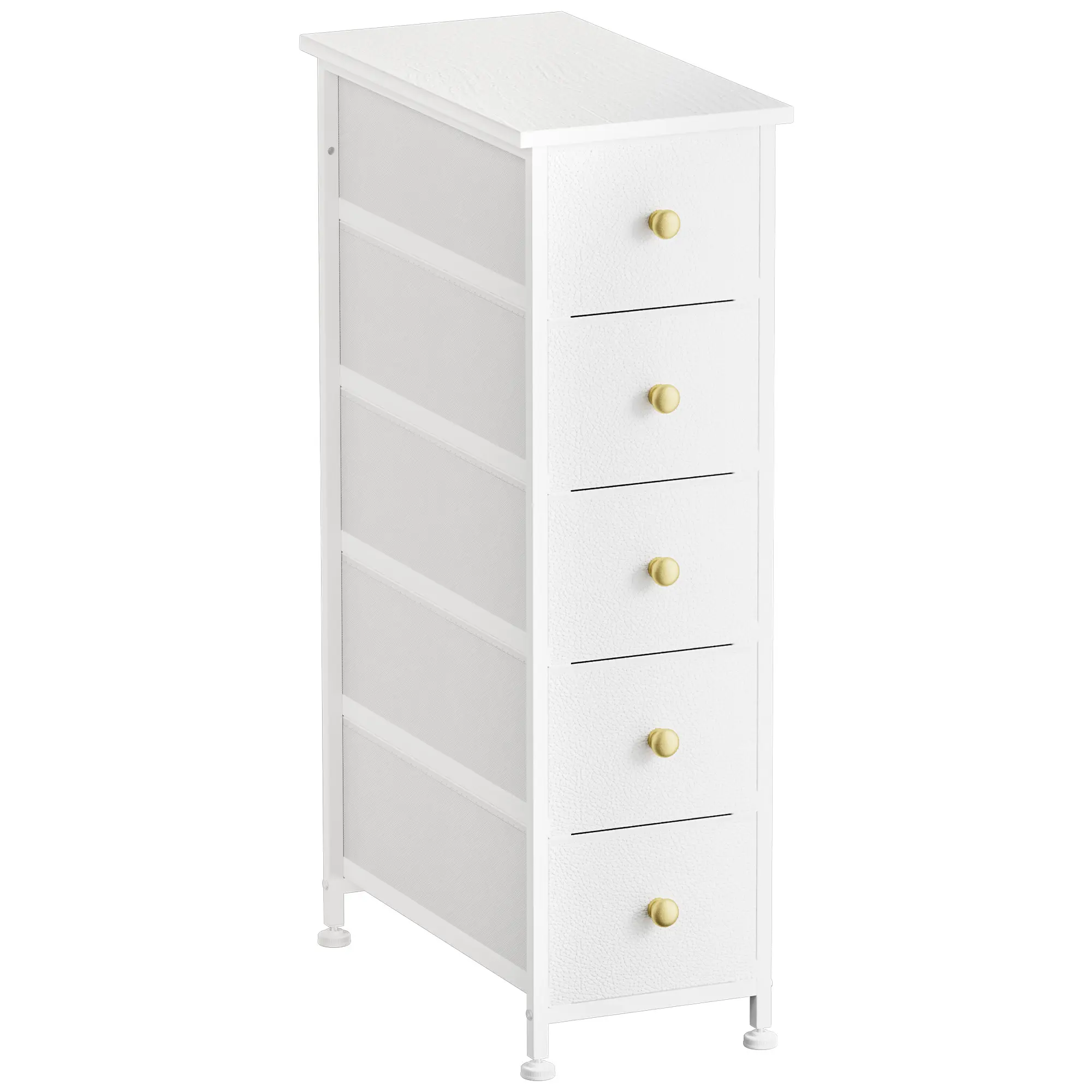 Modern Tall Slim 5-Drawer Fabric Dresser, Narrow Storage Tower with Wooden Top, Steel Frame, Gold-Tone Knobs for Bedroom, Small Spaces, White, 49×25.5×88.5 cm