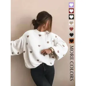 Women’s color-block heart-print crewneck sweater, winter casual long-sleeve pullover, fashionable women’s knit sweater, women’s clothing GARMENTARY