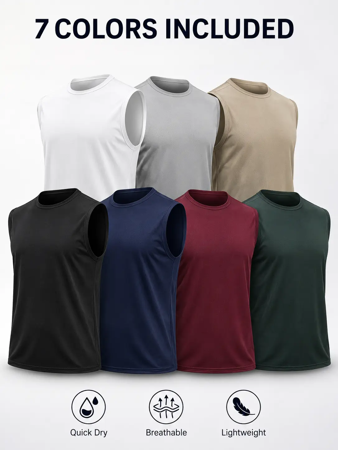 Men's 7 Pack Sleeveless Workout Tank Tops – Quick Dry Breathable Athletic Shirts for Gym Running Training Casual Summer Activewear S-3XL Vests Crewneck Plain fashion t-shirt