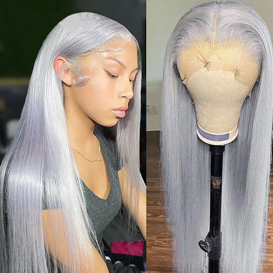 BLING HAIR Silver Grey Lace Front Wigs Human Hair 13x4 13x6 Grey Wig Human Hair Pre Plucked Glueless HD Lace Front Grey Wigs for Black Women 180% Density Straight Human Hair Lace Front Wigs Colored Grey