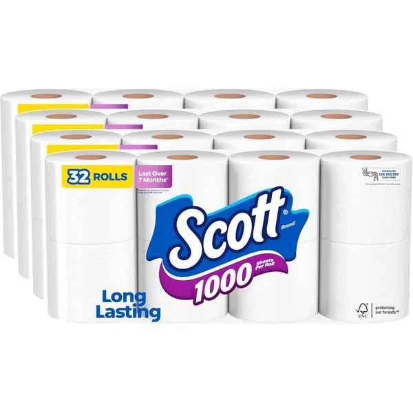 Scott 1000 Toilet Paper 32 Rolls 1-Ply Septic-Safe Softness Reliable Everyday Use Long Lasting for Daily Needs