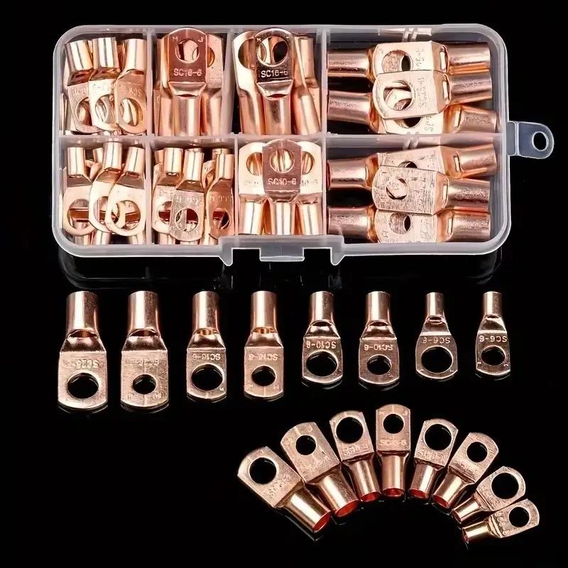 60PCS Copper Wire Lug Connectors Kit, Terminal Plug Kit, Bare Cable Electrical Crimp Terminal Connectors, Solderless Crimp Connectors, Heavy-Duty Open Crimp Ring Connectors, for Secure Wire Connections, Durable Reliable Connectors