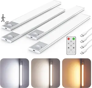 Motion Sensor Under Cabinet Lighting with Remote Control, Dimmable LED Closet Lights, Magnetic Under Counter Lights for Kitchen, Rechargeable Battery Motion Sensor Light Indoor [4 Pack]