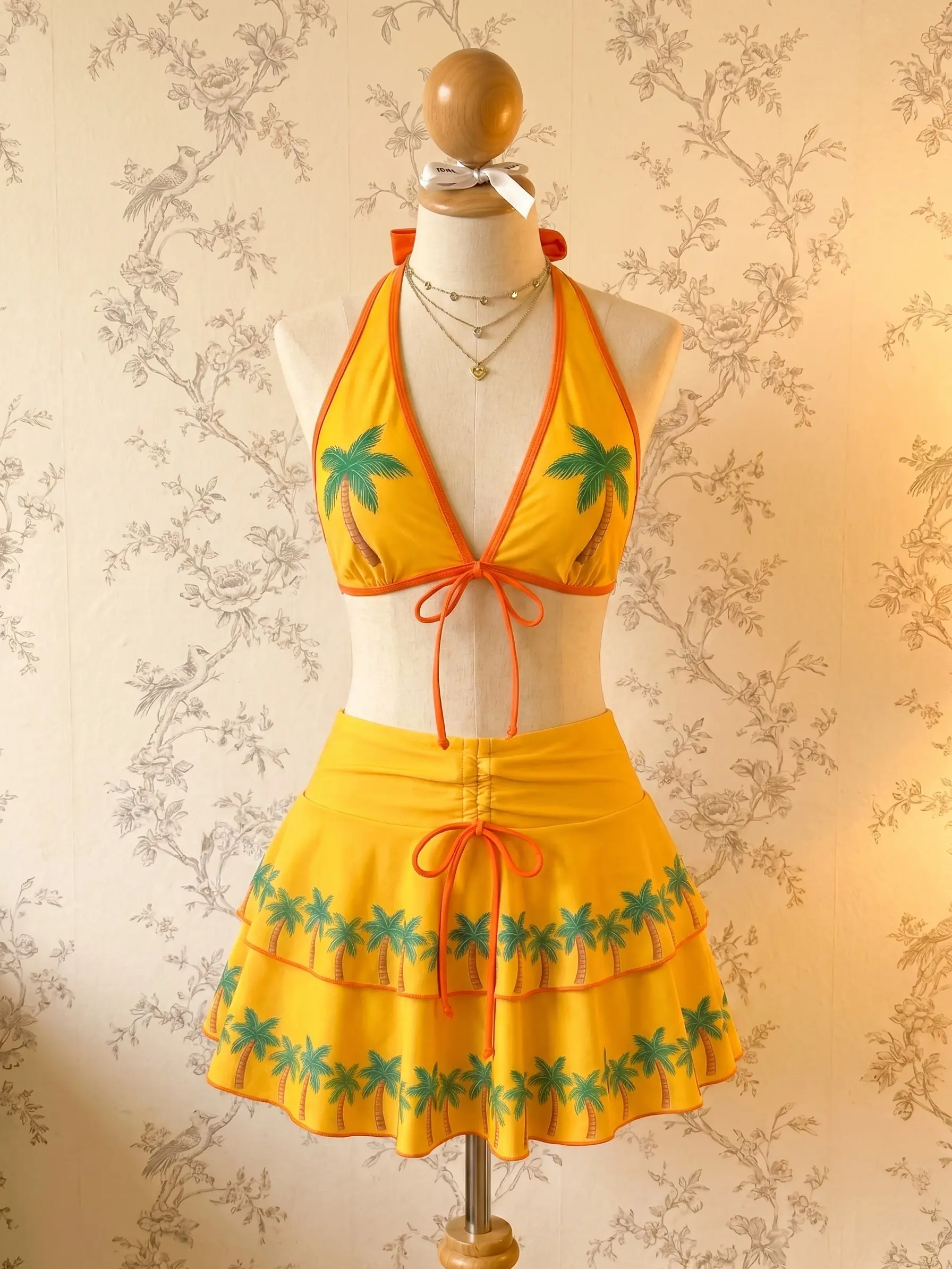 RETRO STAGE Women's 1960s Orange Coconut Trees Print Tie-Front Layered Bikini Swimsuit Set - Polyester Blend, Removable Pads, Beach Outfits, Swimsuits Bikinissummer outfits beach essentials vacation outfits