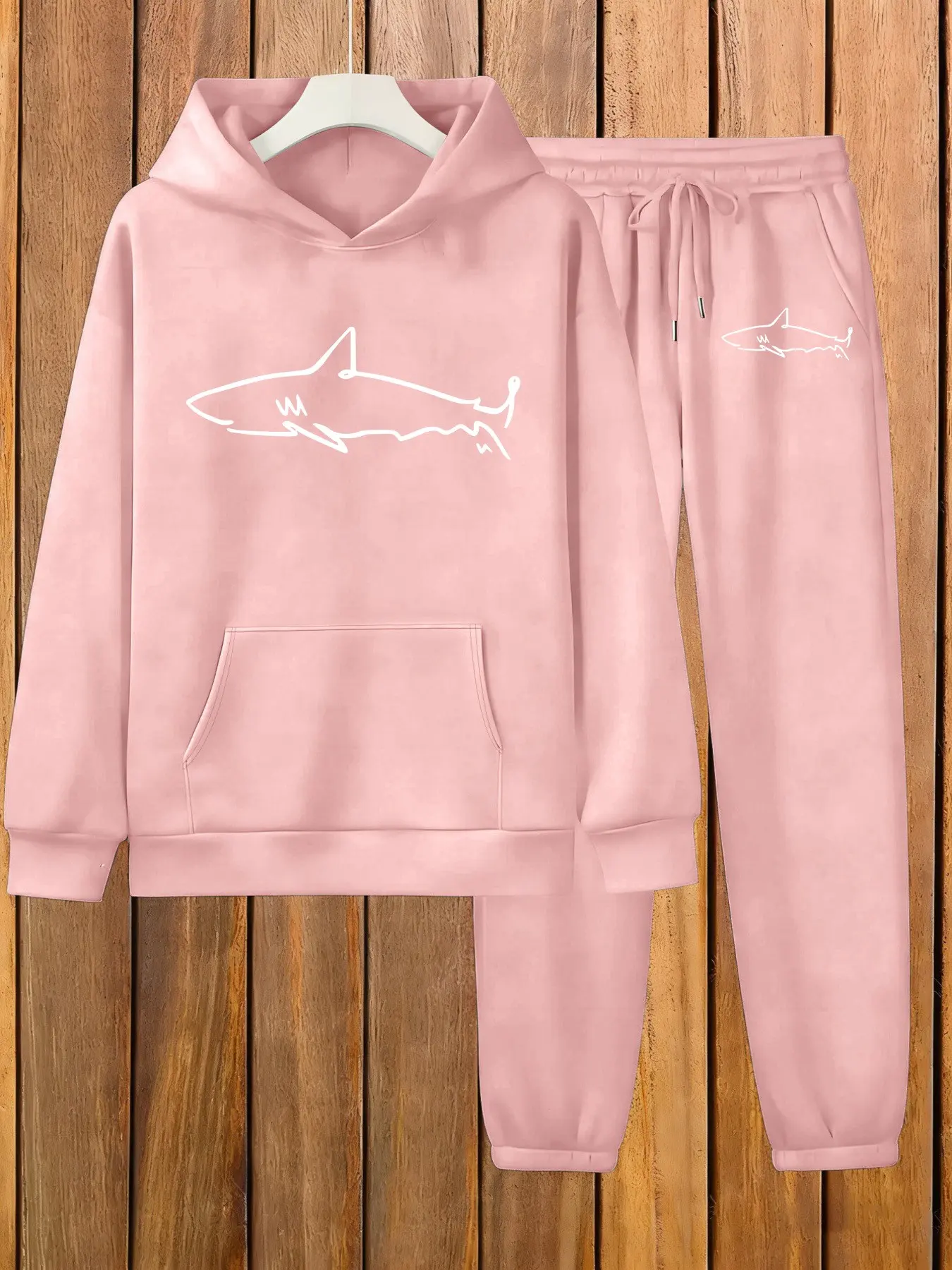 Women's Hooded Sweatshirt Set, Fall & Winter Casual Fitted, Hand-Drawn Shark Print, Trendy Animal Line Design, Cartoon Style