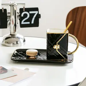 Creative Handbag Shaped Ceramic Coffee Cup, Saucer & Spoon Set, Food Grade BPA Free Lead & Cadmium Free Heat Resistant Shatterproof Exquisite Elegant Drinkware, Dishwasher Safe for Women Coffee Lovers Home Kitchen Party Wedding Bridal Shower Daily Use