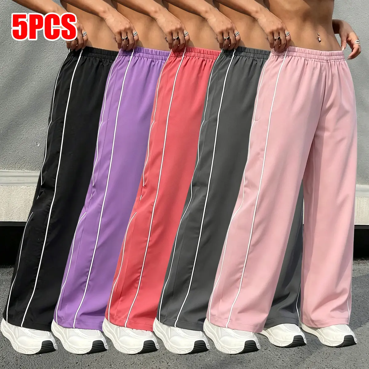 Pack of 5 women’s casual athletic long pants, solid color loose fit, elastic waistband, suitable for outdoor workouts, running, and everyday wear; women’s long pants, women’s trousers, women’s bottoms, womenswear