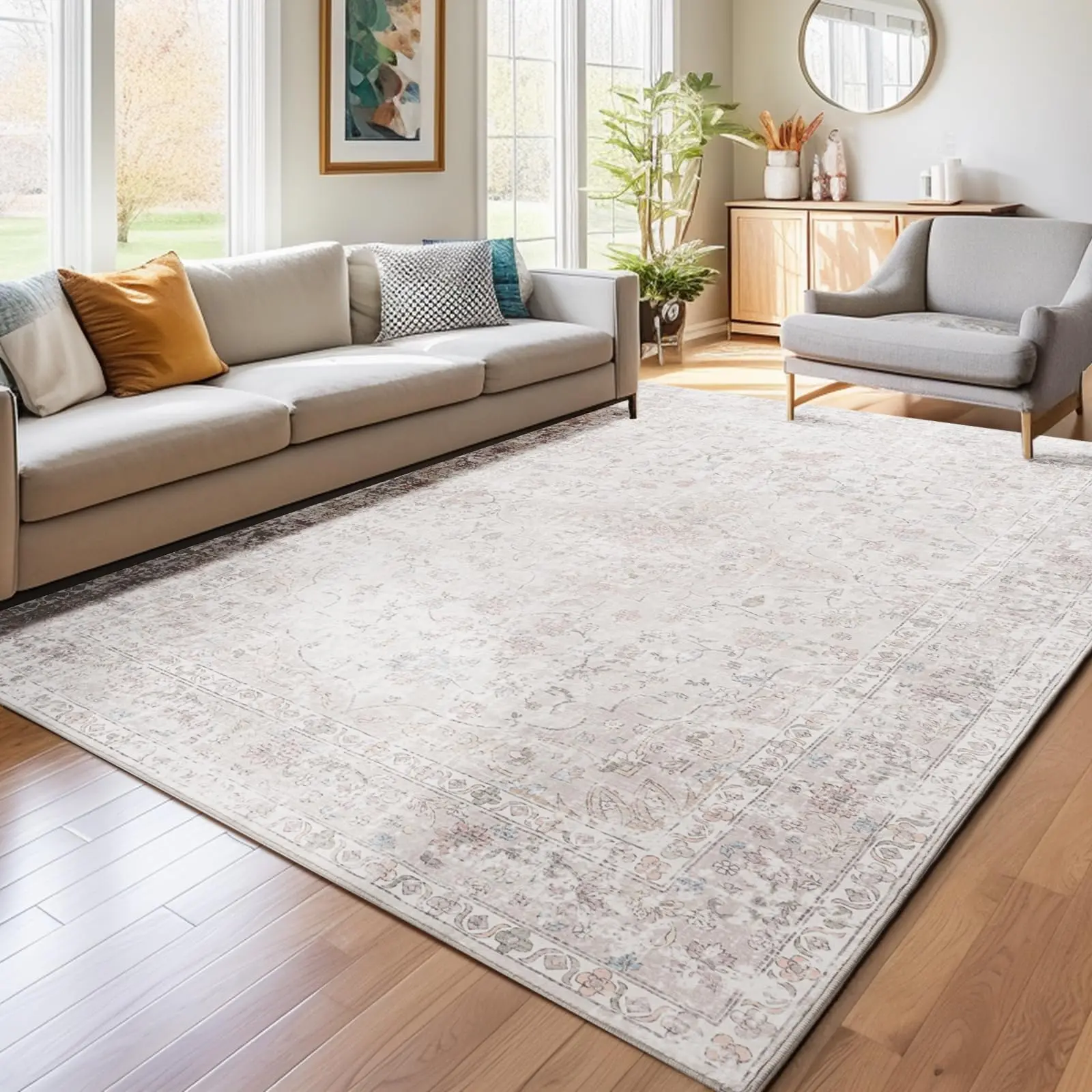 Beige Large Washable Area Rug, Boho Vintage Faux Wool Non-Slip Low Pile Rug For Living Room, Bedroom, Kids Room, Or Home Office, Soft Non-Shedding Indoor Carpet, 4x6, 5x7, 6x9, 8x10, 9x12 Feet