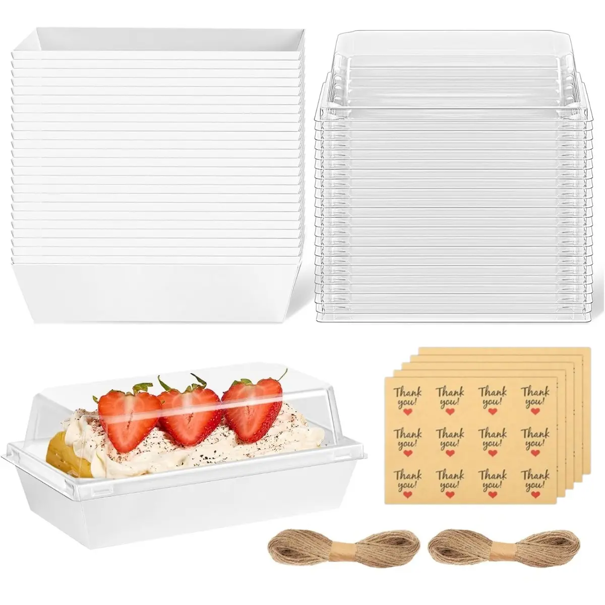 50 pcs disposable baking box with transparent lid - including stickers and hemp rope, white rectangular food container, suitable for cupcakes, pancakes, sandwiches, fruits, snacks, suitable for wedding dessert tables, birthday parties, and home baking