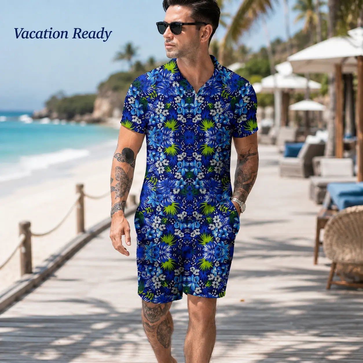 Men’s Hawaiian Floral 2-Piece Beach Set - Short Sleeves Zip Collar Shirt, Matching Shorts, Quick-Dry Poly, Standard Sizing M-3XL Blue Floral Print for Vacation Resort Cruise Summer